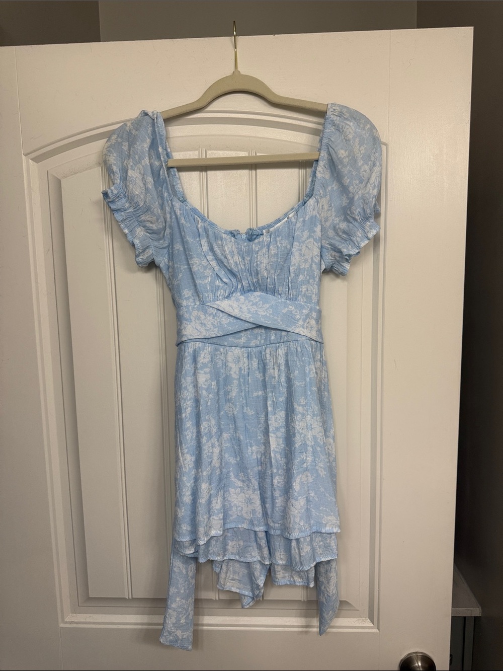 Altar'd State Light Blue Floral Romper with Puff Sleeves